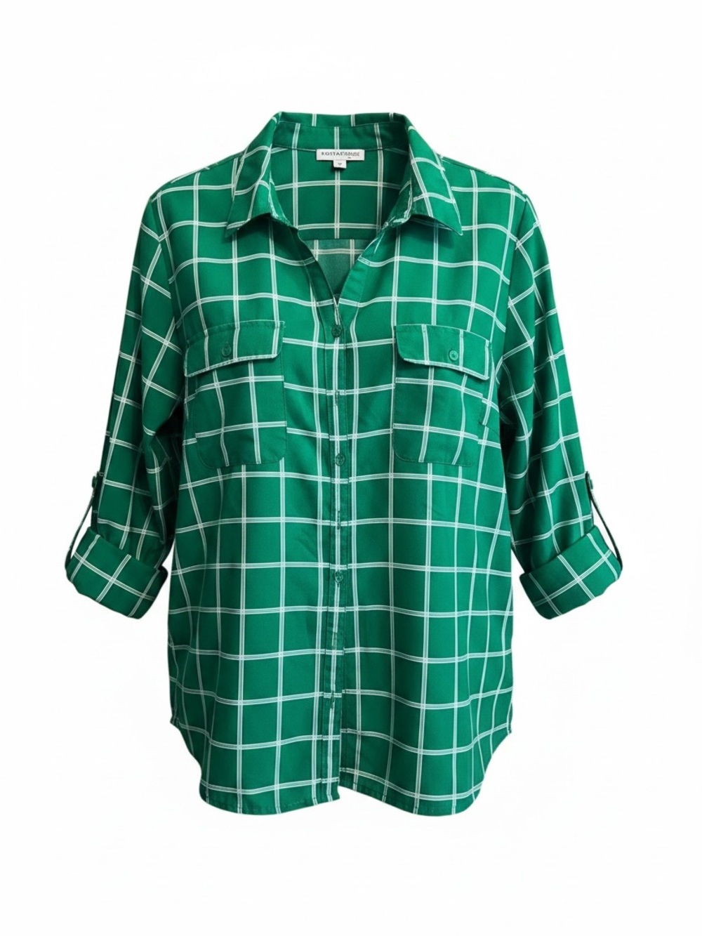 Notations Woman 1X Green Windowpane Roll Tab Blouse Plus Size Career Top